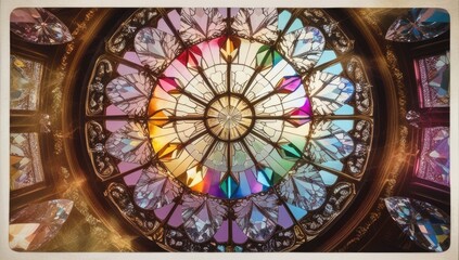 A stained glass window with a central mandala pattern, displaying a vibrant range of colors with glowing light.