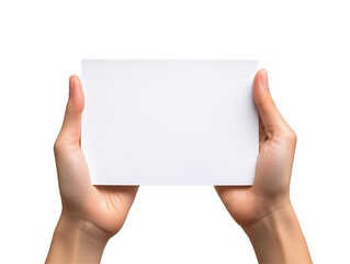 Close up of two hands holding a blank paper, showcasing its empty pages. Isolated on transparent background.