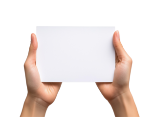 Close up of two hands holding a blank paper, showcasing its empty pages. Isolated on transparent background.