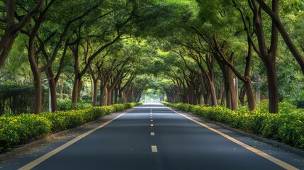Obraz premium Tall green trees lining both sides of the road form a beautiful natural tunnel covering the entire path, emphasizing the peaceful atmosphere of this simple yet beautiful scenery.