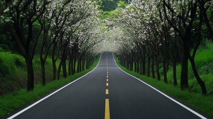 Tall green trees lining both sides of the road form a beautiful natural tunnel covering the entire path, emphasizing the peaceful atmosphere of this simple yet beautiful scenery.