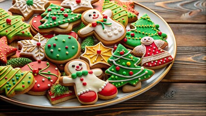 An assortment of colorful Christmas cookies on a festive plate, Christmas, cookies, holiday, treat, decoration, sweets