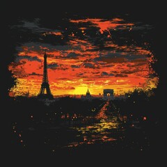 Stunning Paris Sunset with Eiffel Tower and Arc de Triomphe Silhouettes Against Vibrant Red and Orange Sky