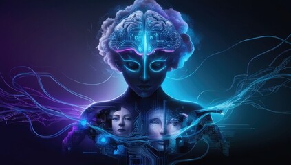 Futuristic female figure with a glowing brain and circuitry, exploring the connection between artificial intelligence and the human mind.