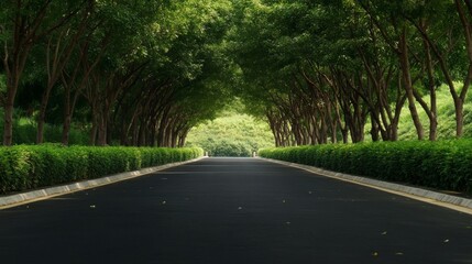 Tall green trees lining both sides of the road form a beautiful natural tunnel covering the entire path, emphasizing the peaceful atmosphere of this simple yet beautiful scenery.