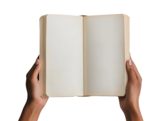 Close up of two hands opening a blank book, showcasing its empty pages. Isolated on transparent background.