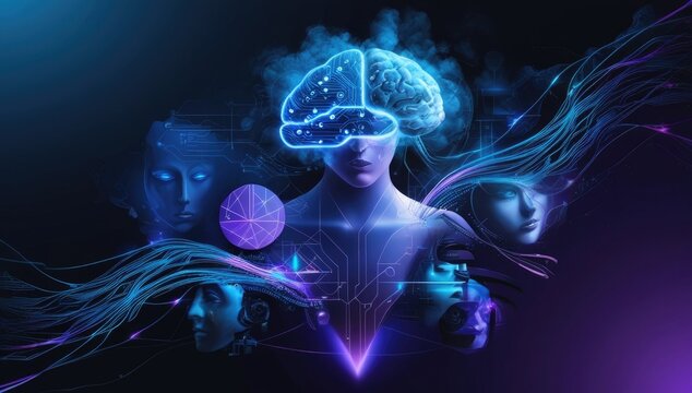 Futuristic female figure with a glowing brain and circuitry, exploring the connection between artificial intelligence and the human mind.