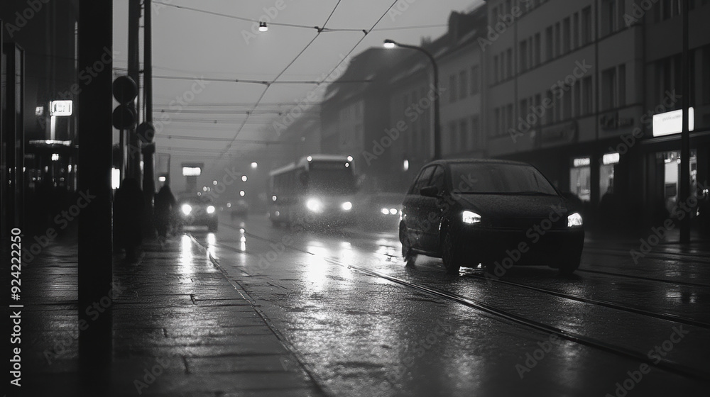 Sticker a car driving down a street in the rain with lights on, ai