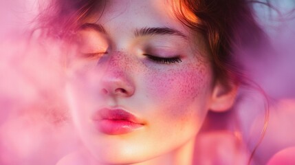 Fototapeta premium A woman with freckles and pink eyes is looking at the camera, AI