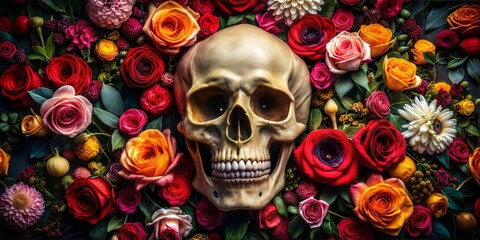 A skull is surrounded by roses and other flowers