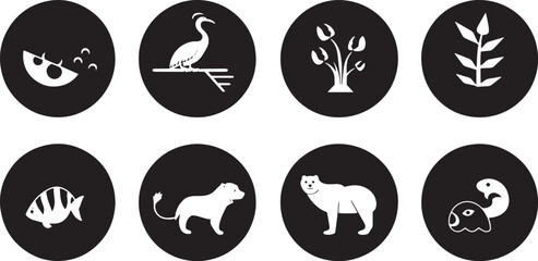 A straightforward vector icon set with a wildlife protection, biodiversity, renewable resources, and pollution prevention .icons in black and white style with isolated on white