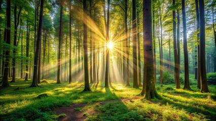 Obraz premium Sunlight filtering through the trees in a tranquil forest setting , morning, sunlight, trees, nature, peaceful, serene, green