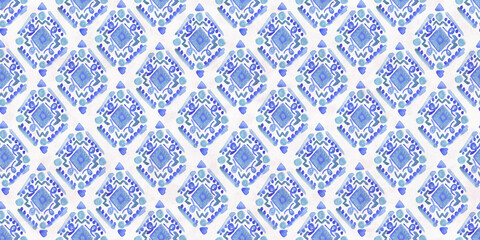 Doodle watercolor paint pattern with blue abstract rhombus motif. Cute watercolour turquoise ikat ornament for kids textile, wrapping paper, wallpaper, surface design, print