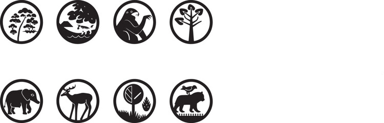 A straightforward vector icon set with a wildlife protection, biodiversity, renewable resources, and pollution prevention .icons in black and white style with isolated on white