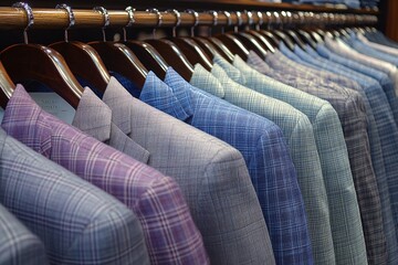 Obraz premium A vibrant display of plaid shirts in various shades of purple and blue highlighting stylish and bold choices in casual menswear fashion