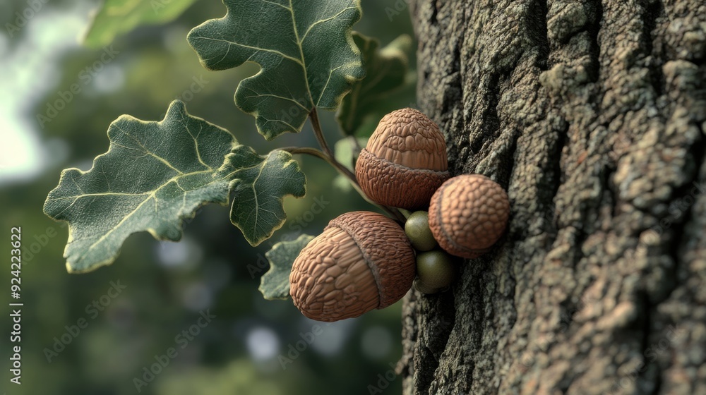 Poster a close up of a tree with some nuts on it, ai