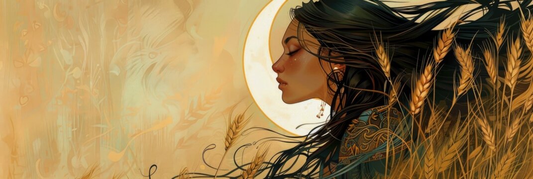 Art Nouveau style illustration of a timid maiden in a field with a wheat sheaf on a crescent moon, showcasing elegant characteristics and flowing long hair.