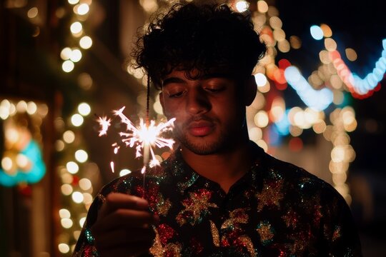 Young man holding a sparker in front of decorated lights at night during a festive celebration - Powered by Adobe