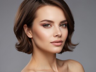 Fototapeta premium Close-up Portrait of a Woman with Short Brown Hair and Makeup