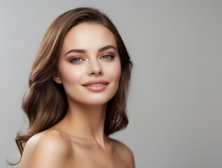 Fototapeta premium Portrait of a Beautiful Woman with Long Brown Hair and Blue Eyes