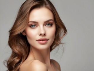 Naklejka premium Portrait of a Woman with Long Brown Hair and Blue Eyes