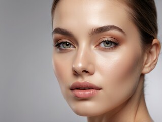 Fototapeta premium Close-up Portrait of a Young Woman with Natural Makeup and Green Eyes