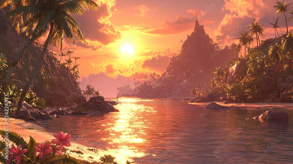 Canvas Prints   A painting of a tropical sunset over water with palm trees and water lilies in the foreground, optimized