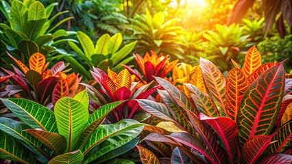 Obraz premium Tropical foliage with vibrant colorful leaves under sunlight, creating a lush and vibrant nature scene, tropical, foliage