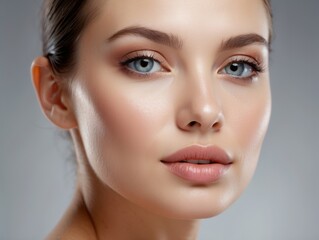 Close-up Portrait of a Young Woman with Blue Eyes and Soft Makeup