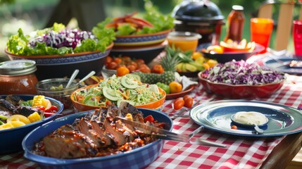 Obraz premium Delicious Barbecue Spread on a Checkered Tablecloth