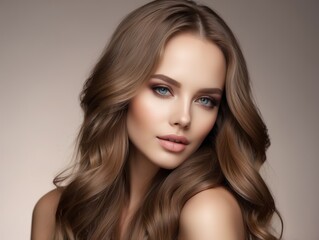 Fototapeta premium Woman with Long Brown Hair and Blue Eyes