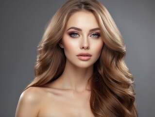 Naklejka premium Portrait of a Woman with Long Blonde Wavy Hair and Makeup