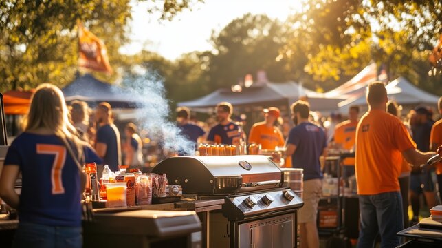 The tailgate rocks with grills, coolers, and fans in team colors, buzzing with pre-game energy.