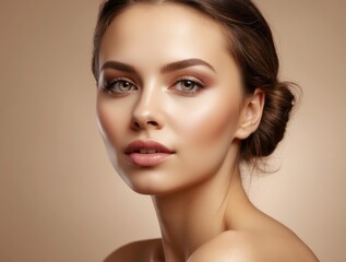 Naklejka premium Close-up Portrait of a Young Woman with Soft Makeup and Smooth Skin