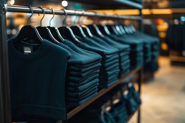 A well organized display of neatly folded t shirts in a clothing store emphasizing variety and choice in casual fashion for everyday wear