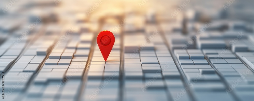 Poster a vibrant red location pin marks a spot on a detailed urban map, symbolizing navigation and explorat