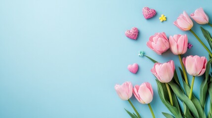 Pink Tulips and Hearts on Blue Background