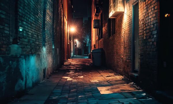 Dimly lit narrow urban alley with wet cobblestone street at night