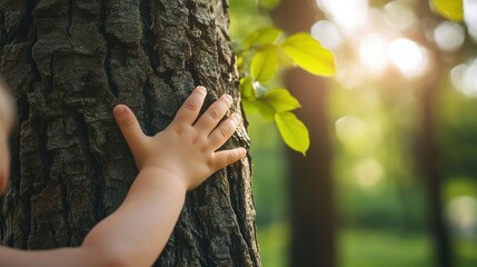 Child's Hand Touching Tree Trunk in a Sunny Forest