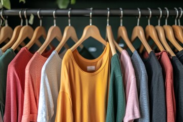 A colorful display of neatly arranged sweaters and tops on hangers representing a vibrant and stylish collection in modern casual fashion