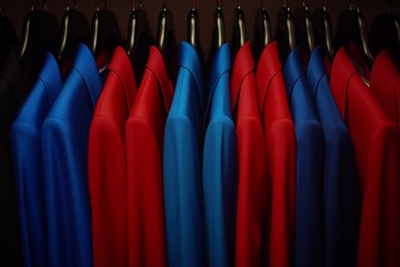A vibrant display of red and blue blazers on hangers highlighting bold and stylish choices in modern mens formalwear for a striking and fashionable wardrobe