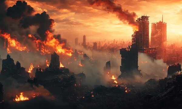 City engulfed in flames and smoke during catastrophic event at sunset