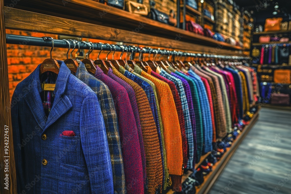 Poster a colorful selection of mens suits on a retail display showcasing a variety of textures patterns and