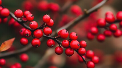 A close up of a branch with red berries on it, AI