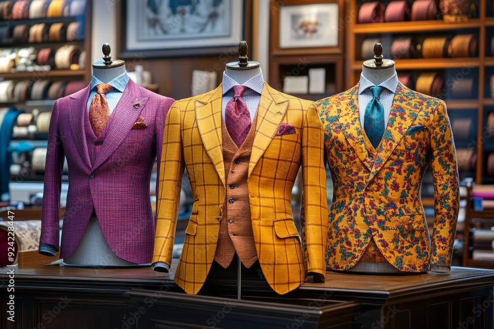 Aufkleber a stylish display of mannequins dressed in vibrant suits with bold patterns representing modern and 