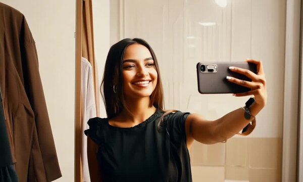 Pretty girl is making mirror selfie with smart phone while standing in fitting room in clothes store. She is posing, turning and touching her hair with lovely smile.