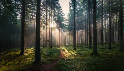 Fototapeta premium 아침 햇빛과 안개가 자욱한 숲