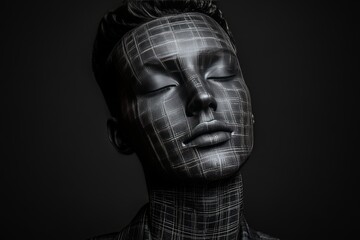 A dramatic black and white portrait of a mannequin head symbolizing art and fashion merging in a minimalist and conceptual style