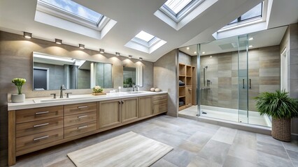 Spacious and modern bathroom with heated floors, walk-in shower, double sink vanity