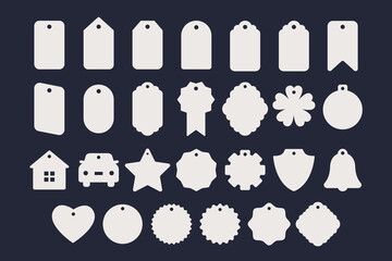Set of gift or price tags, name card, discount label, food badge shapes. Vector templates for cutting. Craft paper or cardboard labels cut files